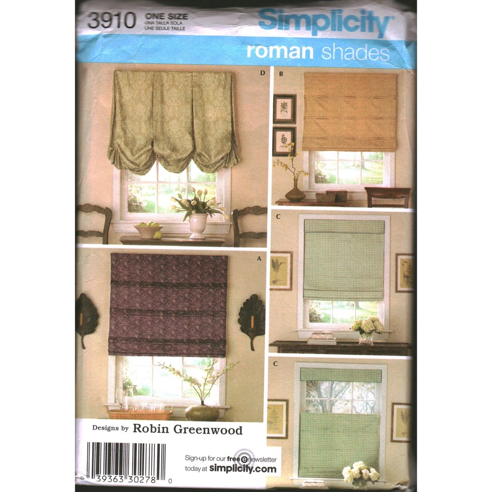 Simplicity 3910 Robin Greenwood Roman Shades Sewing Pattern One Size Uncut